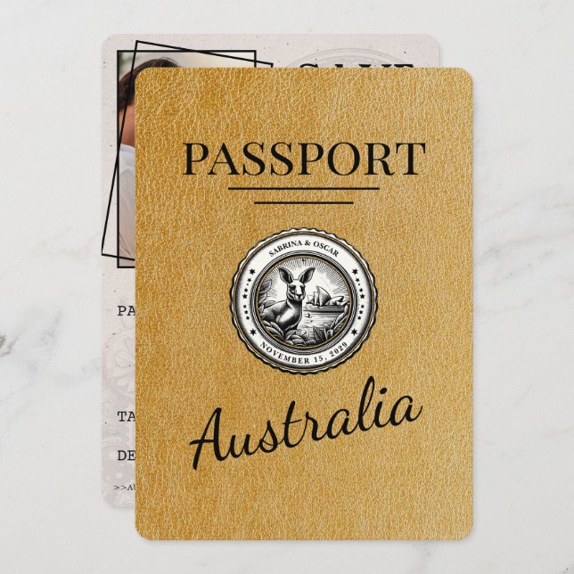 Reserva La Fecha Gold Australia Passport Save the Date (Anverso / Reverso)