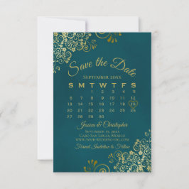 Reserva La Fecha Gold Curls & Swirls Elegant Teal Wedding Calendar