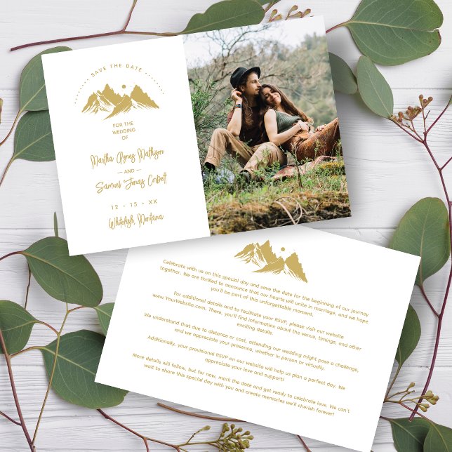 Reserva La Fecha  Gold Effect Boho Rustic Mountains Photo Wedding  (Faux Gold Effect Boho Rustic Mountains Photo Wedding Save the Date with Envelope.)