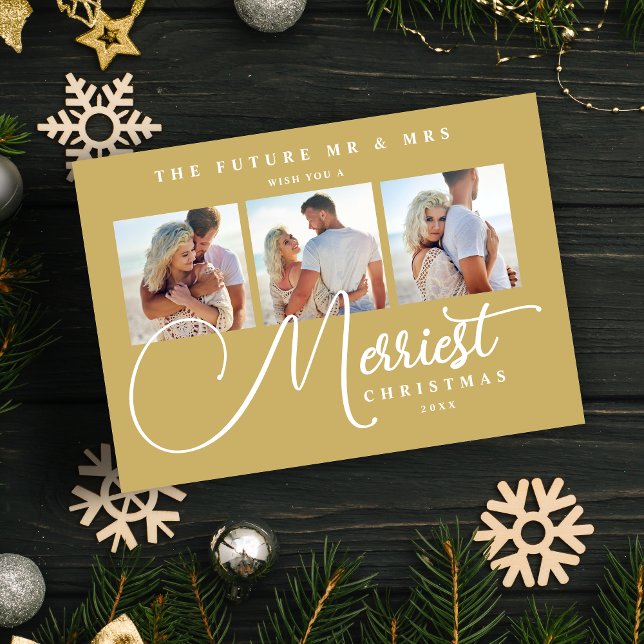 Reserva La Fecha Gold Exquisite Modern Wedding Christmas 3 Photos (Exquisite Modern Wedding Christmas 3 Photos in Fake Gold Holiday Card as a Save the Date Card.)
