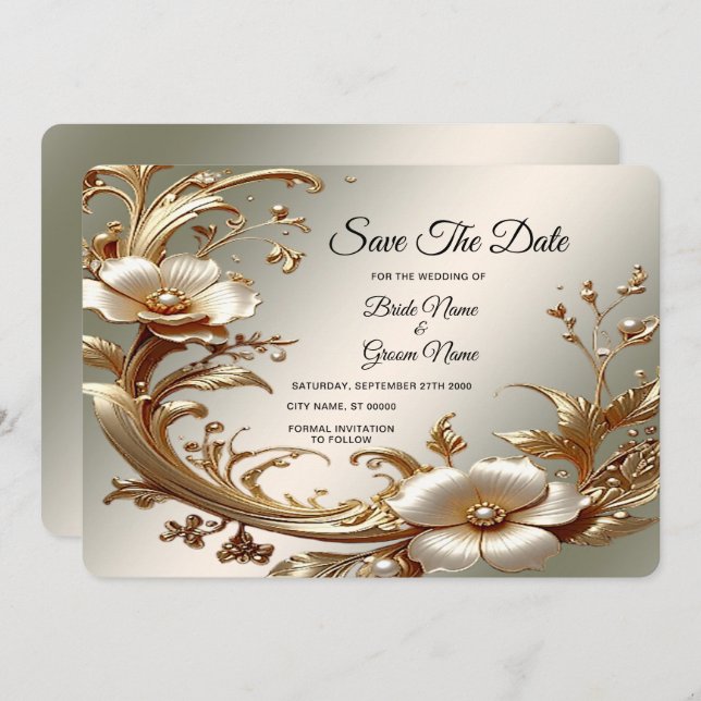 Reserva La Fecha Gold Floral Save The Date (Anverso / Reverso)