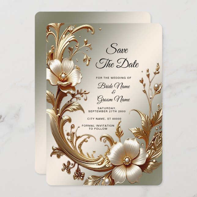 Reserva La Fecha Gold Floral Save the Date (Anverso / Reverso)
