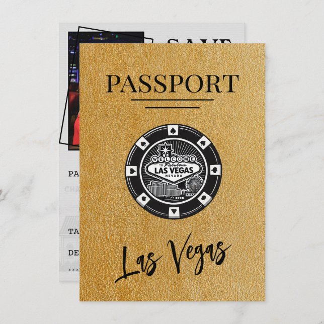 Reserva La Fecha Gold Las Vegas Passport Save the Date (Anverso / Reverso)