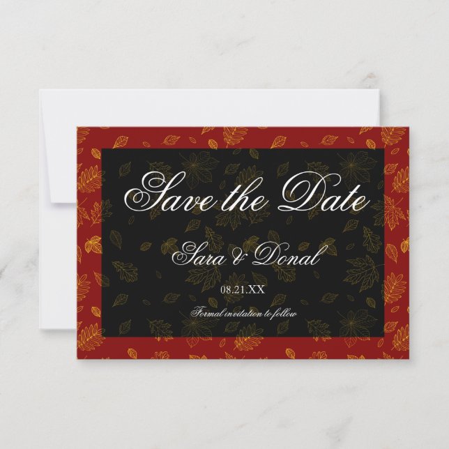 Reserva La Fecha Gold Leaf Red y Black Save the Date Card (Anverso)