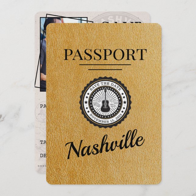 Reserva La Fecha Gold Nashville Passport Save The Date (Anverso / Reverso)