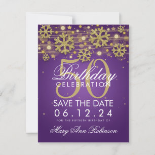 Reserva La Fecha Gold Purple 50 cumpleaños Save Date Winter