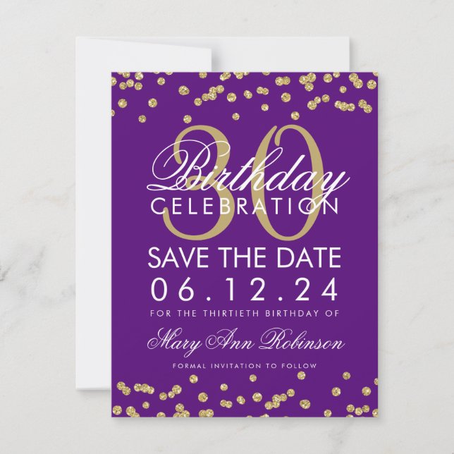 Reserva La Fecha Gold Purple Save Date 30th Birthday Confetti (Anverso)