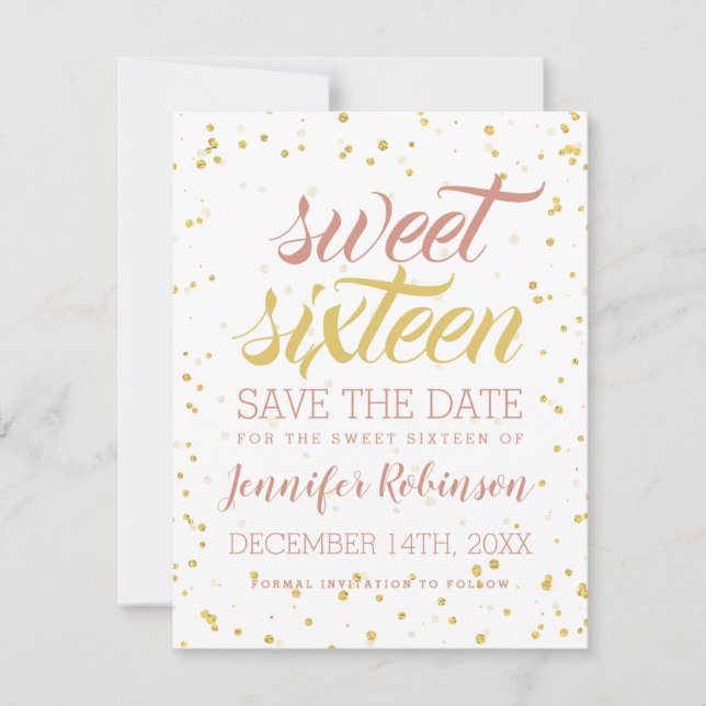 Reserva La Fecha Gold & Rubor Sweet 16 Save Date Sparkle Confetti (Anverso)