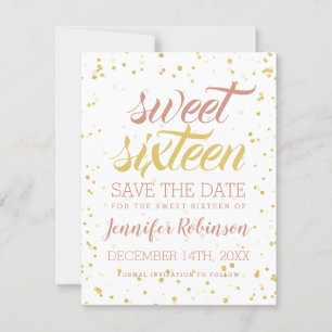 Reserva La Fecha Gold & Rubor Sweet 16 Save Date Sparkle Confetti
