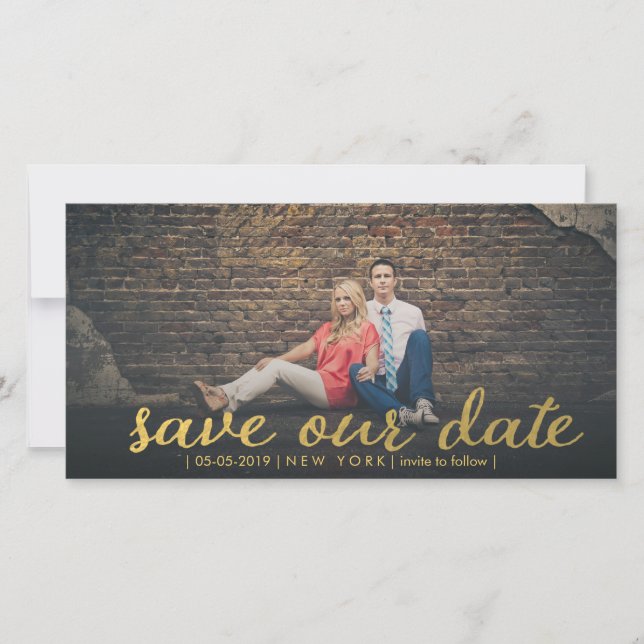 Reserva La Fecha Gold Save Our Date Script Overlay Photo Cards (Anverso)