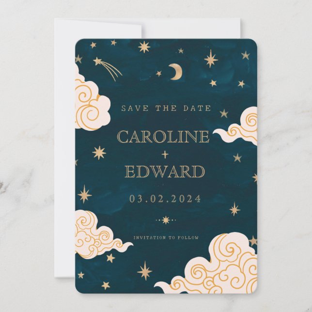 Reserva La Fecha Gold Stars Moon Celestial Qr Code Save the Date (Anverso)