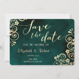 Reserva La Fecha Gold Swirls Emerald Green Wedding Save The Date