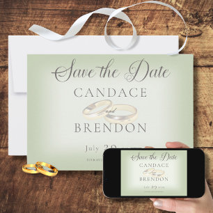 Reserva La Fecha Gold Wedding Rings on Sage Save the Date Card