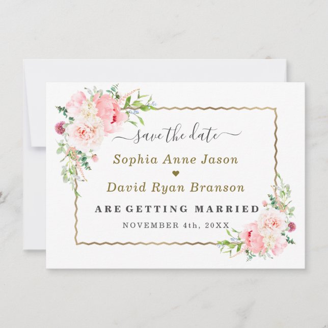 Reserva La Fecha Gold Wild Pink Flowers Wedding Calligraphy  (Anverso)