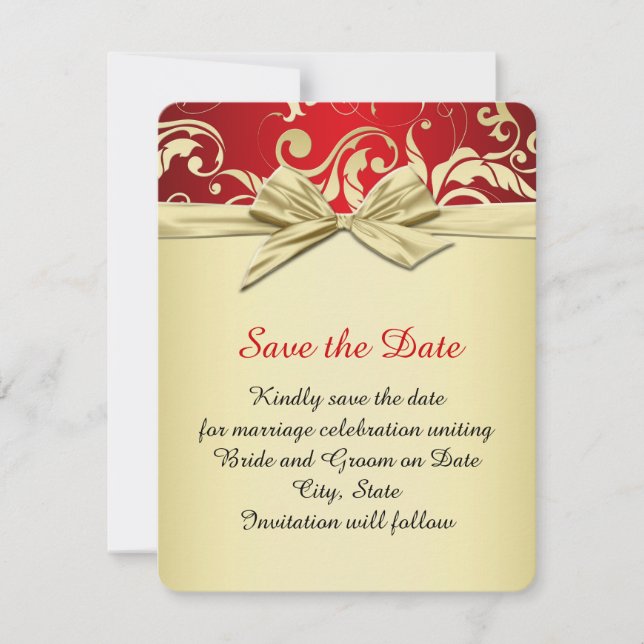 Reserva La Fecha Golden Red Elegant Damask Dream Save the date (Anverso)