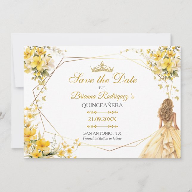 Reserva La Fecha Golden Yellow Tiara Floral Butterflies Quinceañera (Anverso)