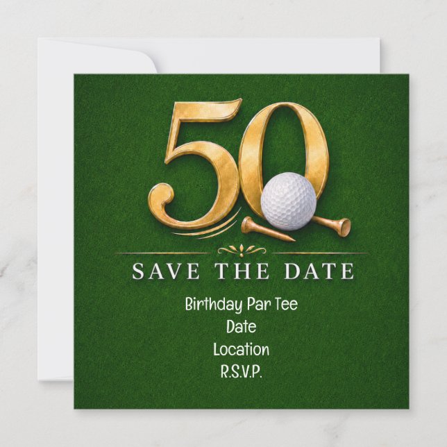 Reserva La Fecha Golf cumpleaños 50 con golf en hierba verde (Anverso)