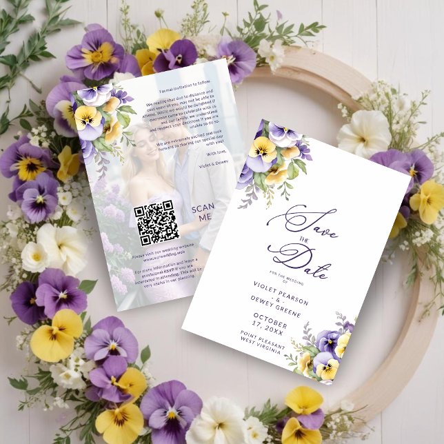 Reserva La Fecha Gorgeous Botanical Purple Pansies Flowers Photo (Gorgeous Spring Chic Botanical Purple Pansies Flowers Bouquets Photo Save the Dates Cards. )
