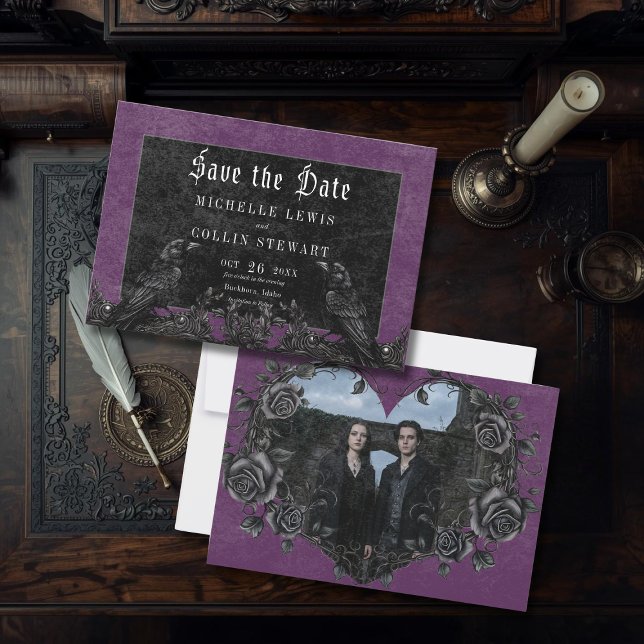 Reserva La Fecha Gothic Black Raven & Roses Purple Photo Wedding (Subido por el creador)