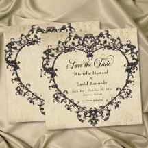 Gothic Black Tan Parchment Filigree Heart Wedding
