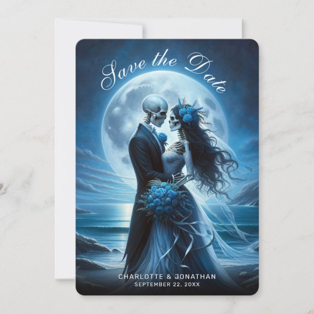 Reserva La Fecha Gothic Blue Skeleton Couple Wedding Save the Date (Anverso)
