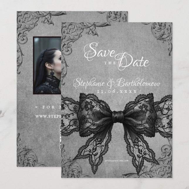 Reserva La Fecha Gothic Coquette Black Lace Bow Photo Save The Date (Anverso / Reverso)