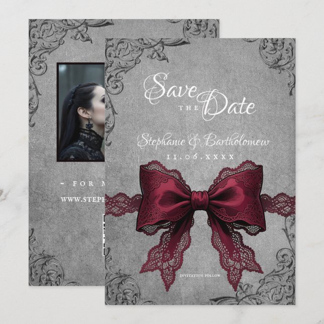 Reserva La Fecha Gothic Coquette Burgundy Bow Photo Save The Date (Anverso / Reverso)