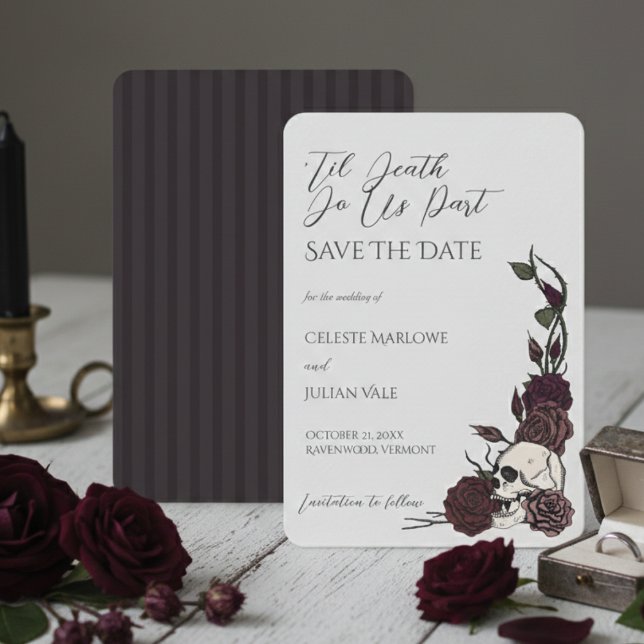 Reserva La Fecha Gothic Floral Skull 'Til Death Save the Date (Dark Floral Gothic Save the Date Cards. Gothic Wedding, Hallowedding, Romantic Event. Skull & Roses)