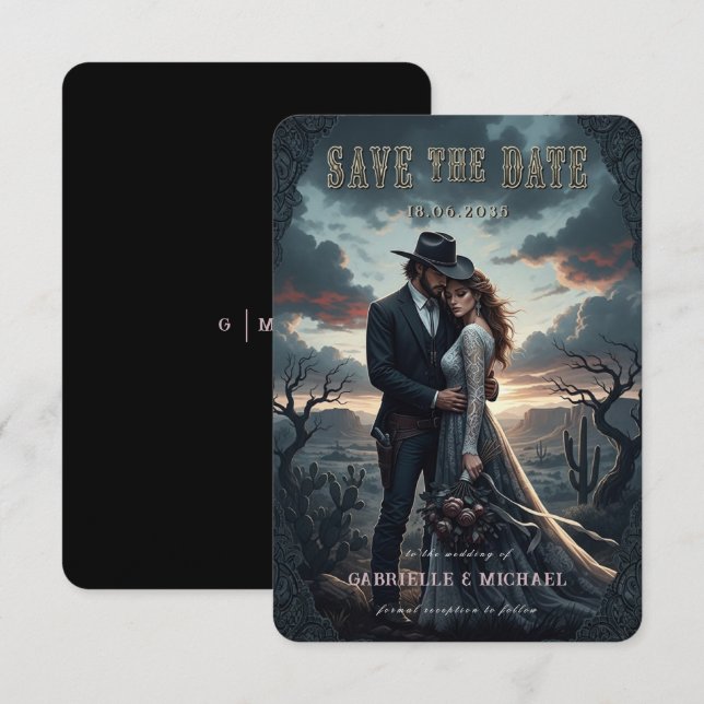 Reserva La Fecha Gothic Moody Western Cowboy Wedding Save The Date (Anverso / Reverso)