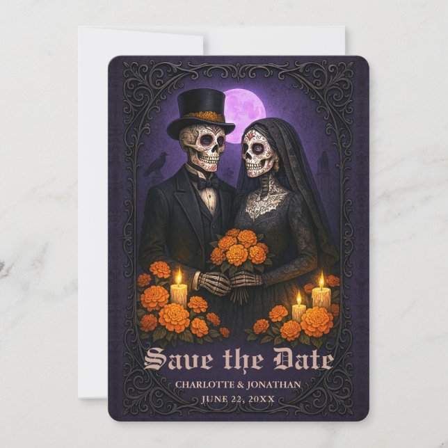 Reserva La Fecha Gothic Skull Candy Couple Wedding Save the Date (Anverso)