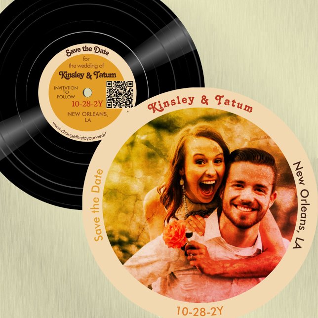 Reserva La Fecha Grabación de vinilo Foto Guardar la fecha QR Groov (Vintage vinyl record Save the Date with your photo)