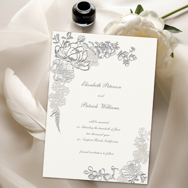 Reserva La Fecha Grabado en relieve de Faux Peony Calligraphy Moda  (formal traditional elegant calligraphy wedding save the date  faux embossed peony pearl classic)