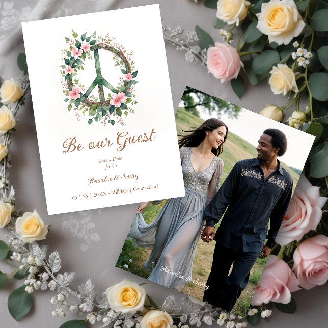 Reserva La Fecha Graceful Floral Wood Peace Symbol Photo Wedding (Graceful and Cherish Floral Wood Peace Symbol Photo Wedding Save the Date Card.)