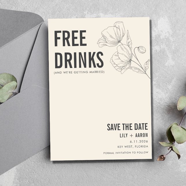 Reserva La Fecha Gracioso Boda de fotos florales sin bebida (Funny Free Drinks Floral Photo Wedding Save The Date)