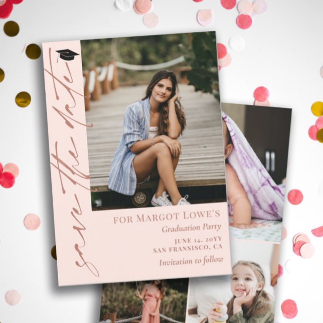 Reserva La Fecha Graduación de caligrafía rosa y bronce de Rubor (Subido por el creador)