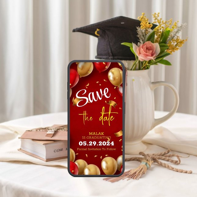 Reserva La Fecha Graduación de Globos Rojos Dorados (Pop the Balloons, We're Graduating! Save the Date!)