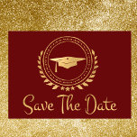 Reserva La Fecha Graduación Guardar La Fecha De Grado De Oro Rojo<br><div class="desc">Me gusta diseñar obras de arte para las graduaciones. Se trata de una moderna carta de anuncio de estilo clásico, simple y elegante, dorado y rojo de color. Texto de estilo moderno. Añade tu propio mensaje en la parte posterior de las tarjetas dándole detalles a tu familia y amigos para...</div>