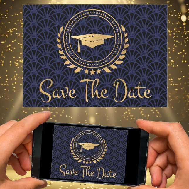 Reserva La Fecha Graduación Salvar La Fecha El Cap Oro Art Deco Azu (Graduation Save The Date Digital or Paper Art Deco Gold Blue Colors)