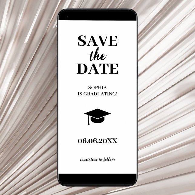 Reserva La Fecha Graduación simple moderna en blanco y negro (graduation save the date card simple minimalist black and white class of 2024)
