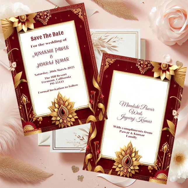 Reserva La Fecha Gran Boda indio asimétrico Gold Floral Motif (Gold Floral Motif Asymmetric Grand Indian Wedding Save The Date)