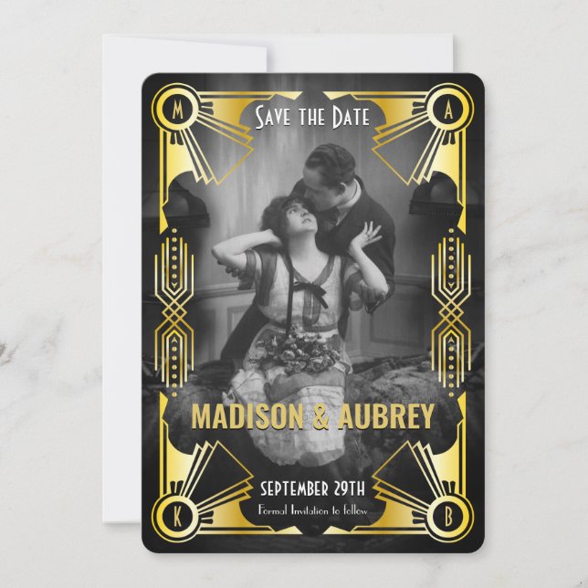 Reserva La Fecha Gran Gatsby Art Deco Boda Gold y Black Photo (Anverso)