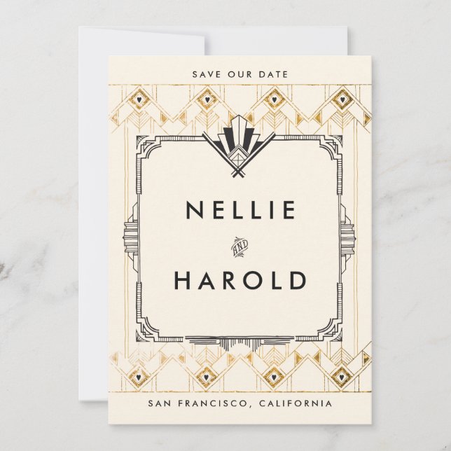 Reserva La Fecha Gran Gatsby Art Deco retro Foto Salven las fechas (Anverso)