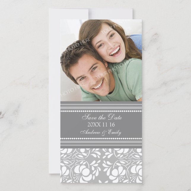 Reserva La Fecha Gray Damask Save the Date Boda Photo Cards (Anverso)