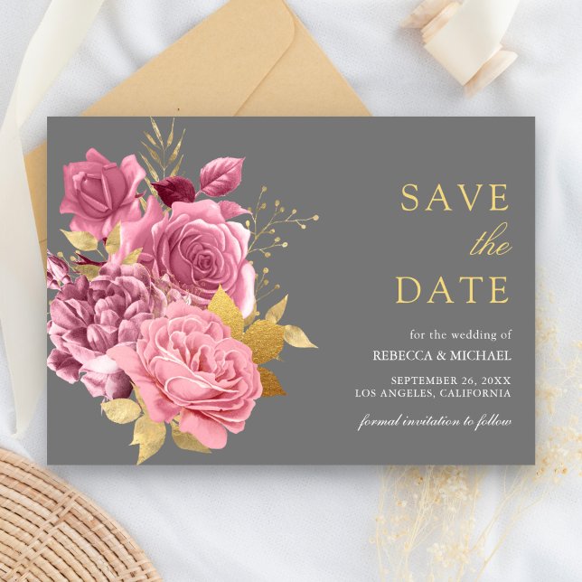 Reserva La Fecha Gray Gold Dusty Mauve Boda Floral Rosa (Subido por el creador)
