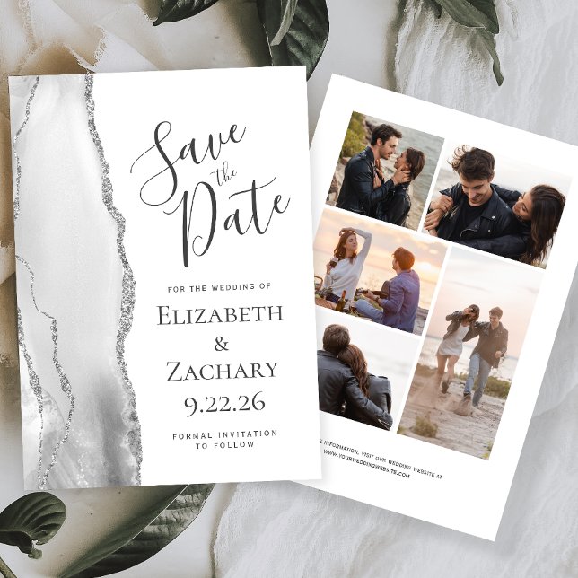 Reserva La Fecha Gray White Silver Agate 5-Photo Save the Date (Subido por el creador)