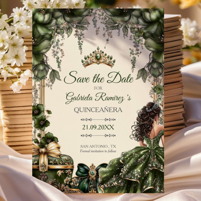 Reserva La Fecha Green and Cream Golden Tiara Floral Quinceañera (Subido por el creador)
