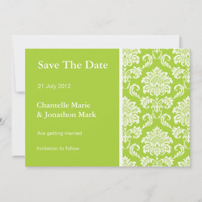 Reserva La Fecha Green Damask Save the Date Card (Anverso)