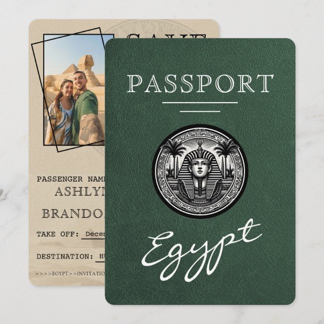 Reserva La Fecha Green Egypt Passport Wedding Save the Date (Anverso / Reverso)