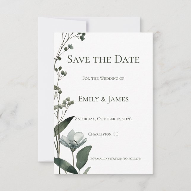 Reserva La Fecha Green Floral Botanical Wedding (Anverso)