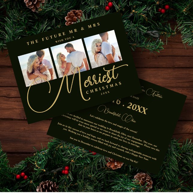 Reserva La Fecha Green Gold Exquisite Wedding Christmas 3 Photos (Green Exquisite Modern Wedding Christmas 3 Photos in Fake Gold and Black Holiday as a Save the Date.)